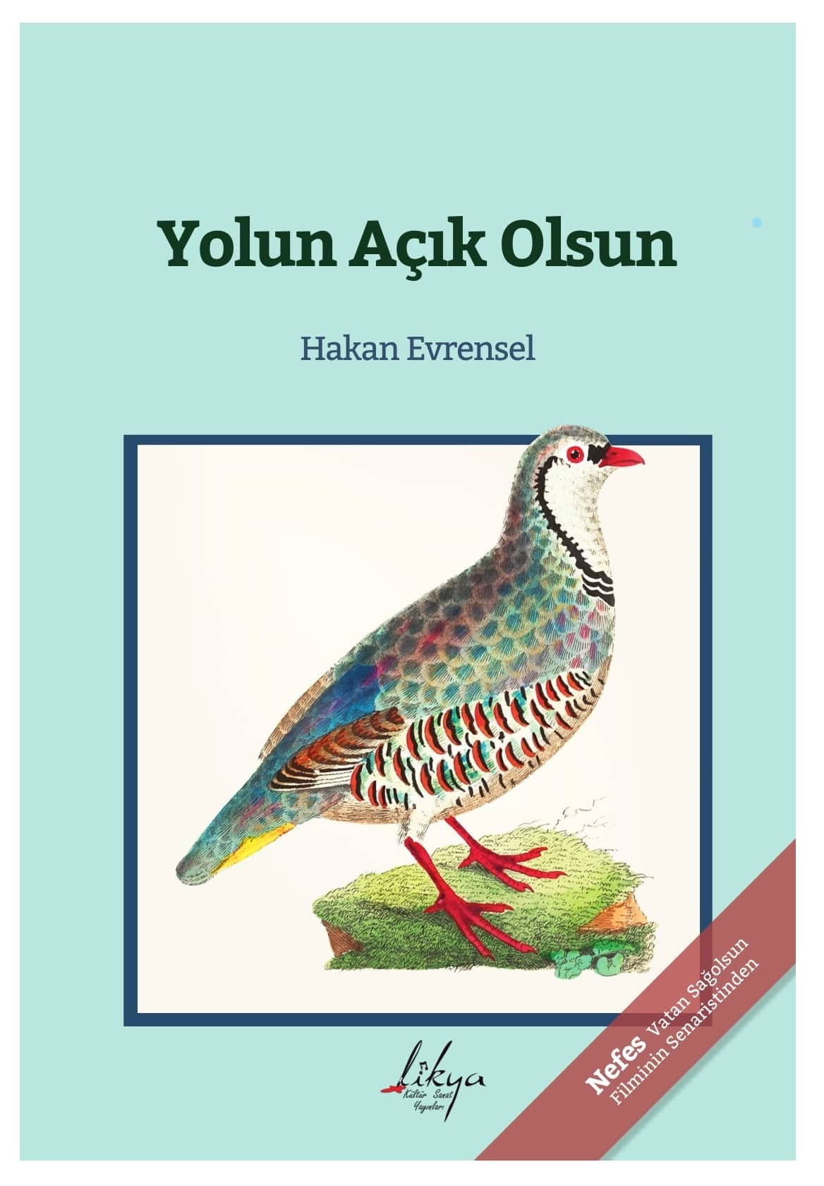 Yolun Açık Olsun kitabının kapağı: açık turkuaz zemin üzerinde, lacivert çerçeve içinde renkli desenli bir keklik çizimi.