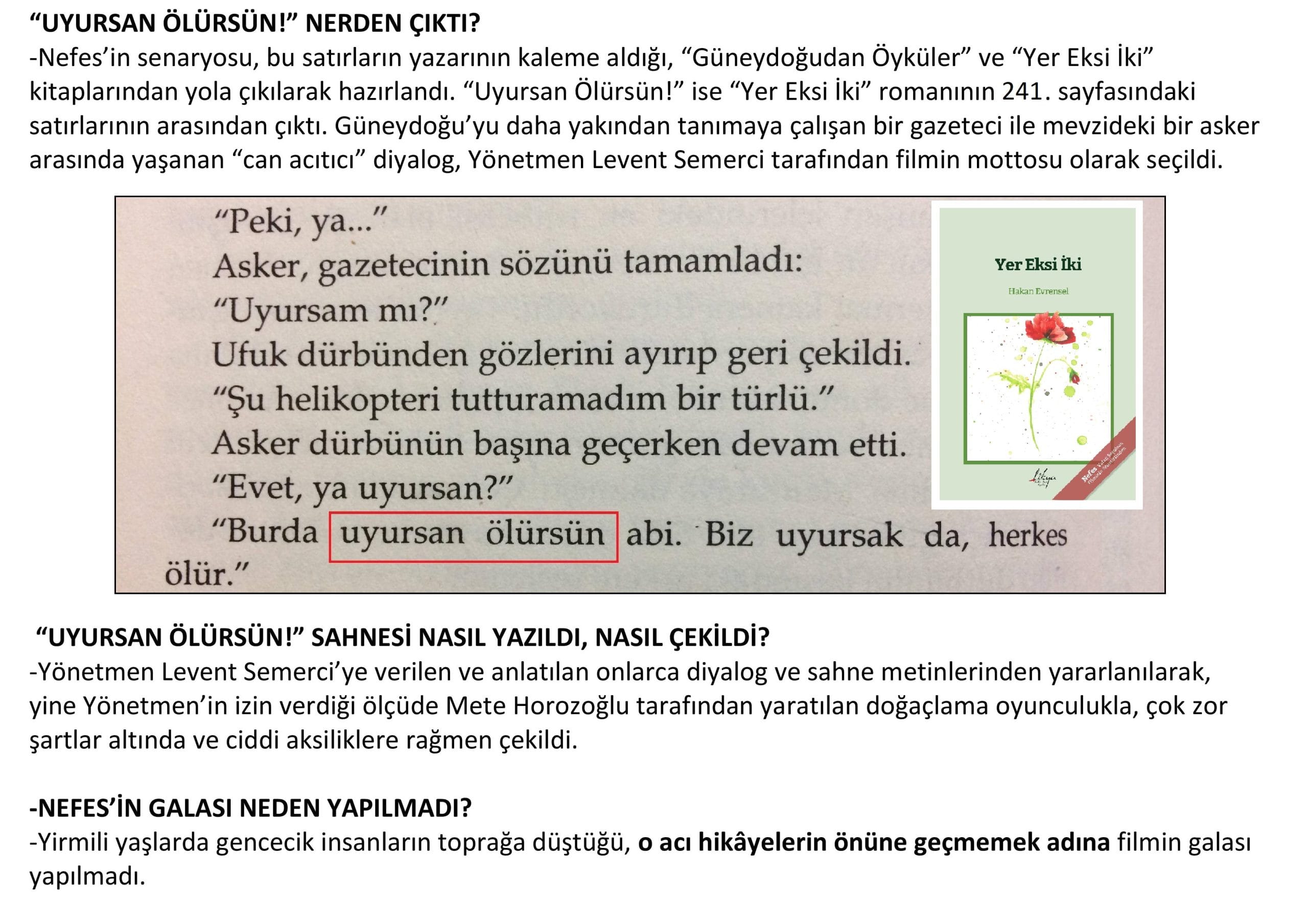 Belgenin sayfası: Yer Eksi İki romanının 241. sayfasından bir alıntı fotoğrafı, “uyursan ölürsün” sözü kırmızı çerçeveyle işaretli; yanında kitabın kapağı ve üç soru ile cevap.